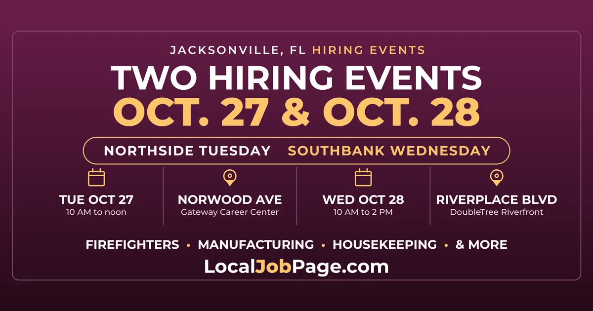 Jacksonville Hiring Events Oct. 27–28: Firefighters, Manufacturing and a Riverfront Job Fair