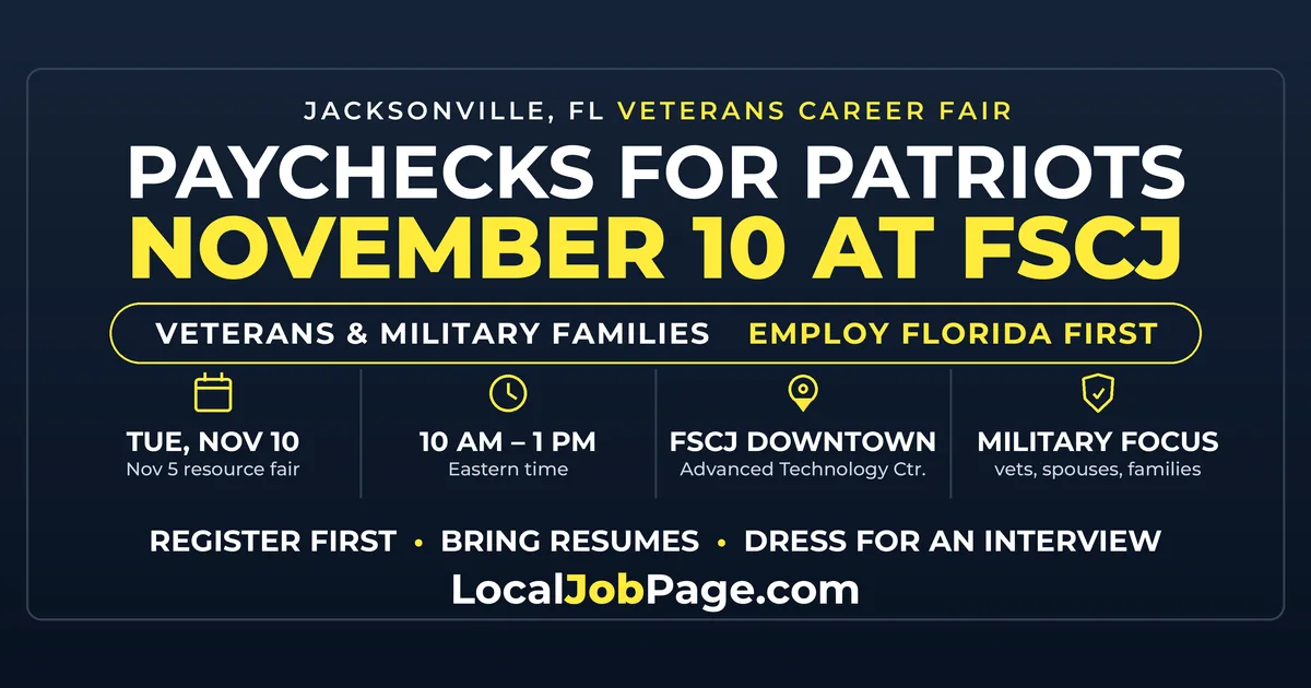 Jacksonville Veterans Career Fair Nov. 10: Paycheck for Patriots at FSCJ Downtown